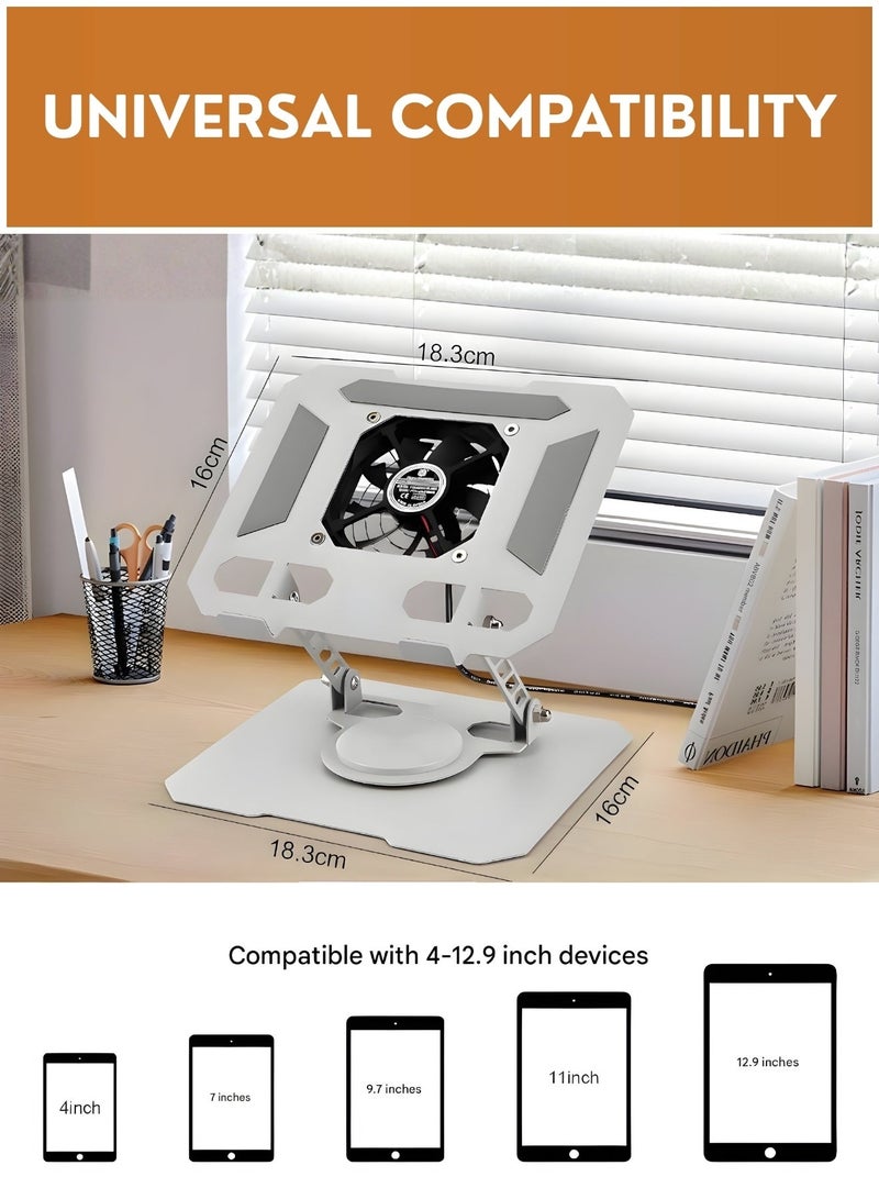 حامل تابلت قابل للتعديل مع مروحة تبريد، حامل معدني قابل للطي لأجهزة iPad، حامل مكتبي دوار 360 درجة لأجهزة التابلت من 4 إلى 16 بوصة، وأجهزة iPad وأجهزة Android - مناسب للمكتب والدراسة والألعاب - Image 3